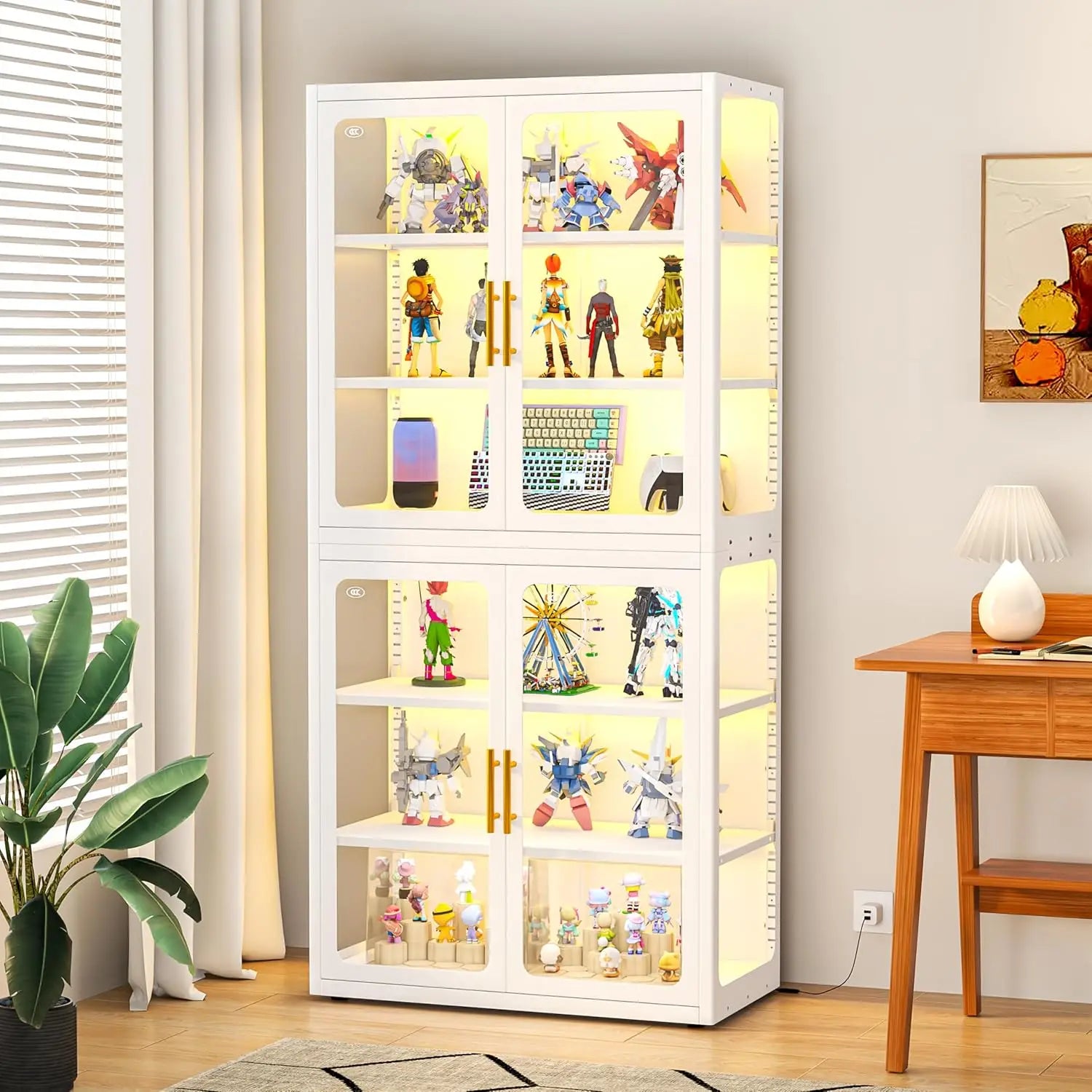 Display Cabinet with Glass Doors, 6-Tier 67" Curio Cabinet with Multi-Color LED Lights and 4 Adjustable Shelves, Glass Displa