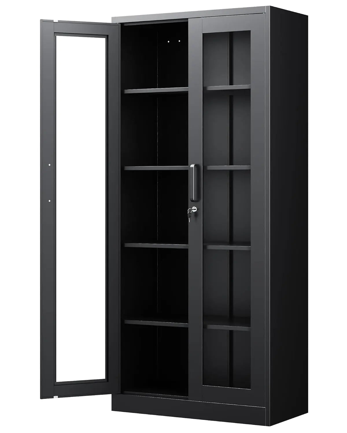 71in Metal Display Cabinet Glass Doors 4 Adjustable Shelves Lock Home Office Custom