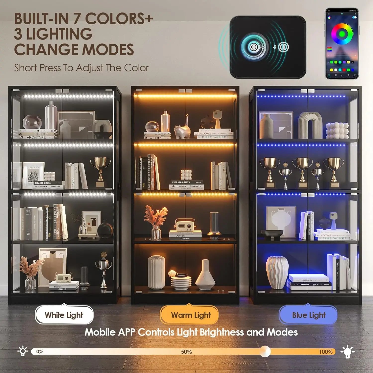 4-Tier Glass Door Display Cabinet with HD Glass, Human Sensor & 3 Lighting Modes for Curio Trophy, Custom