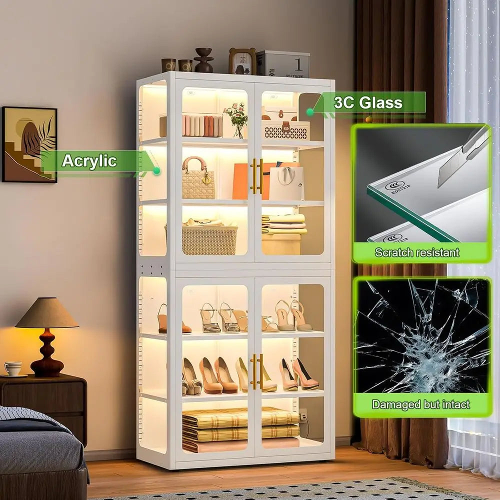 68 White Glass Display Cabinet with RGB LED Lights, 4 Adjustable Shelves for Collectibles and Storage