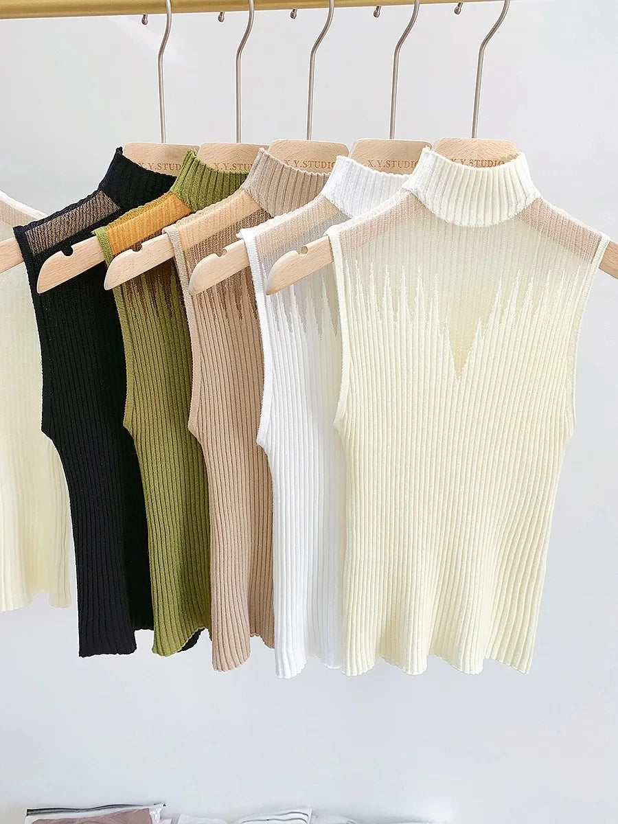 Mesh Knitted Top Women Y2K Tank Top Half Neck Vest Female Sleeveless Sweater Chic Cut Out Streetwear Solid Skinny White Tube Top