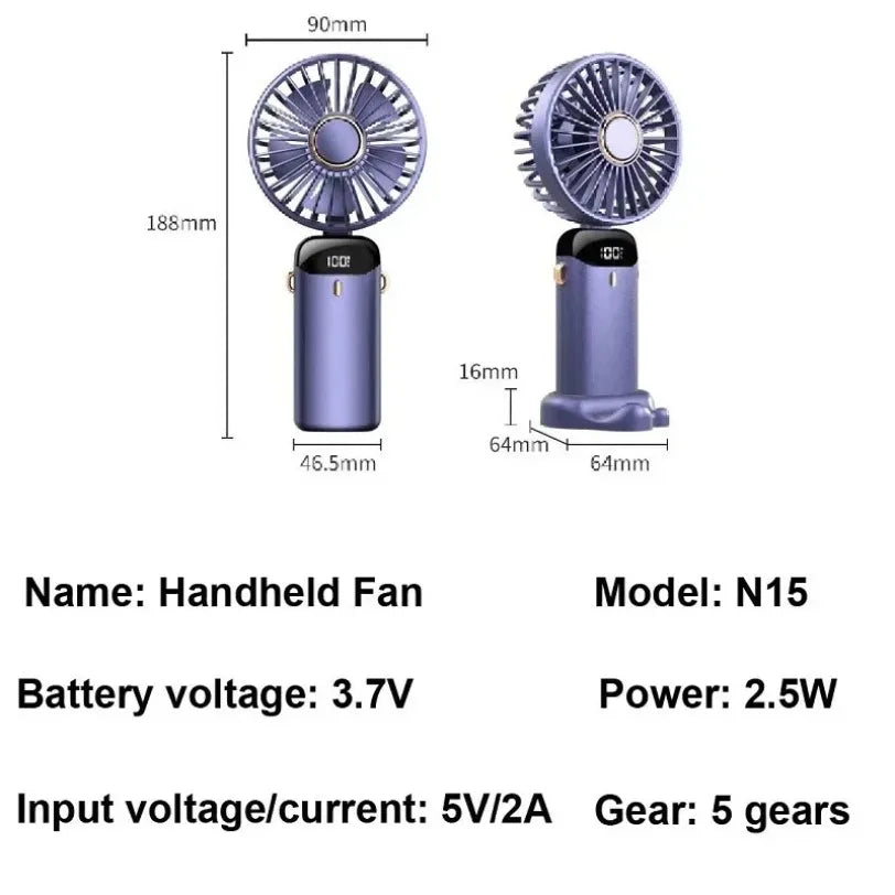Mini Fan 5000mAh Handheld Foldable Portable Desk Outdoor Neck Hanging 5 Speed USB Rechargeable Fan Phone Stand Display Screen