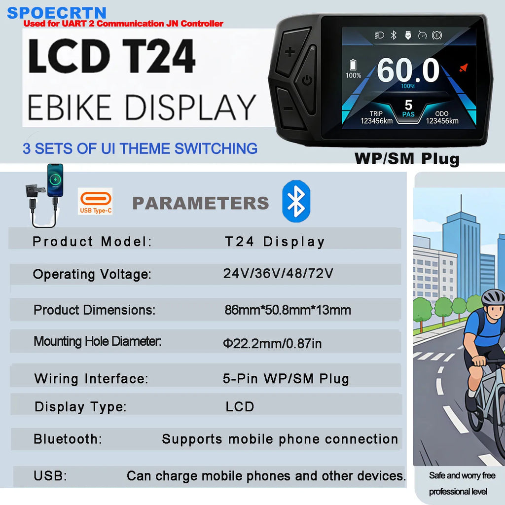 Electric Bicycle T24 LCD Display Screen  24V-72V SM/WP for UART 2 Communication Protocol Controller