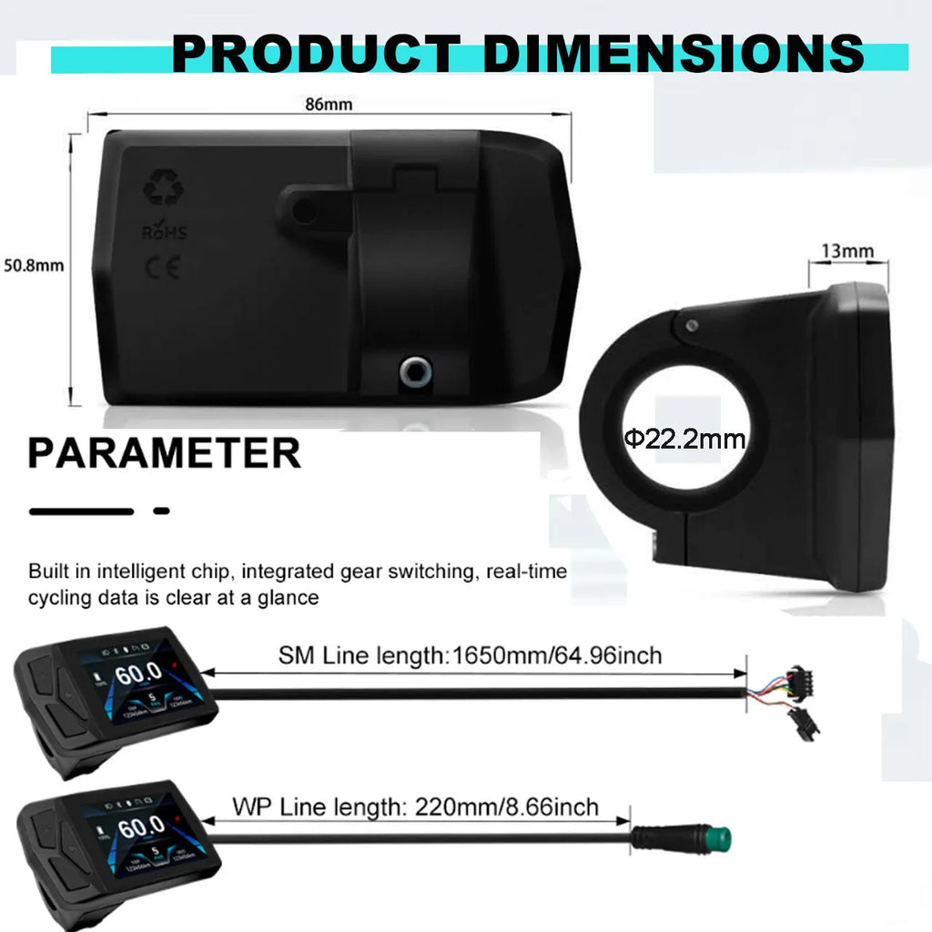 Electric Bicycle T24 LCD Display Screen  24V-72V SM/WP for UART 2 Communication Protocol Controller