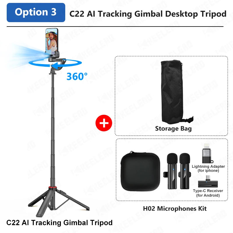 Smart Tracking Deskpot Gimbal Handheld Stabilizer for Cell Phones Record Video/Vlog C22 Selfie Stick Tripod, Optional Fill Light