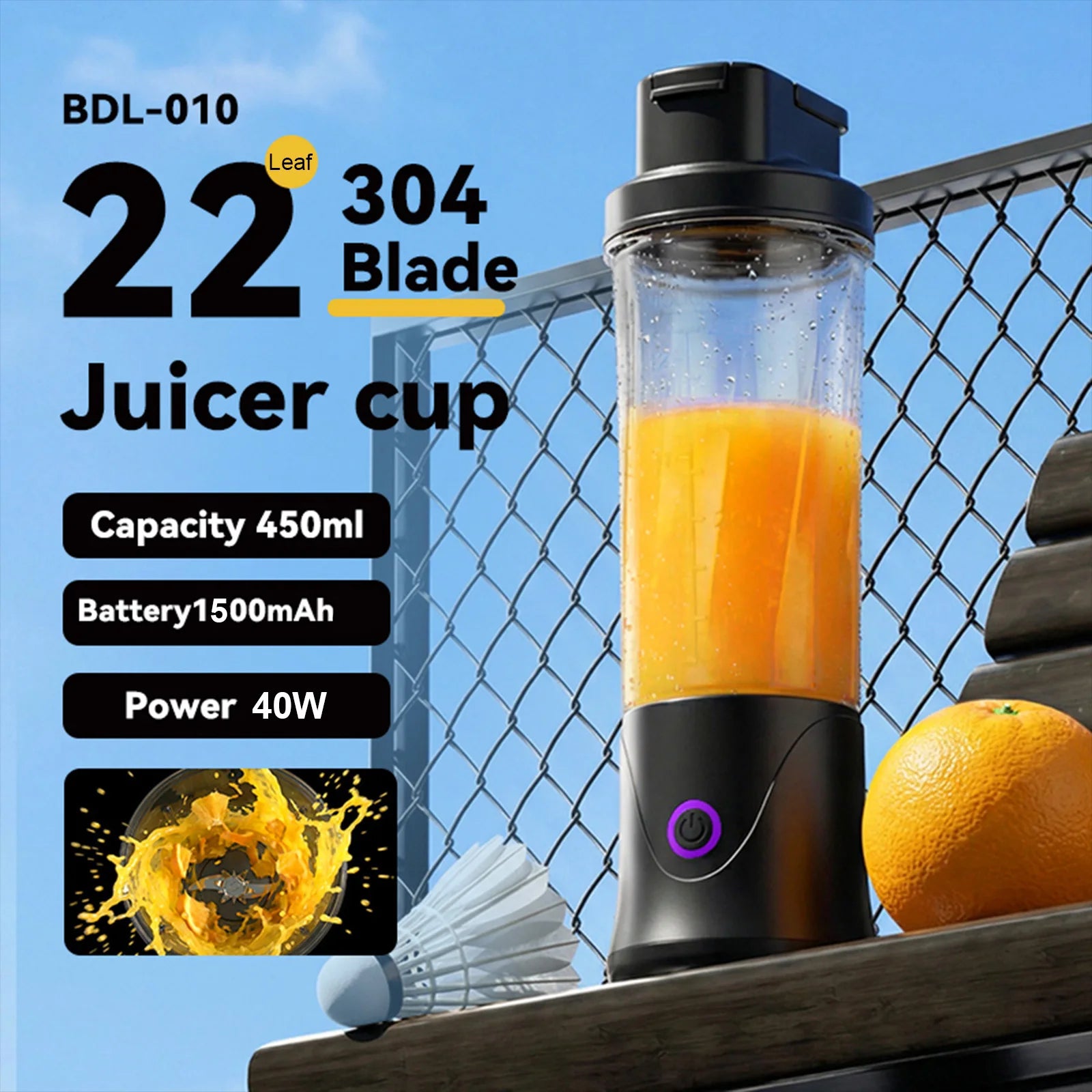 Portable Blender for Shakes and Smoothies 450ML Cordless Small Personal Juicer USB-C Rechargeable Blender Cup for Picnic Office