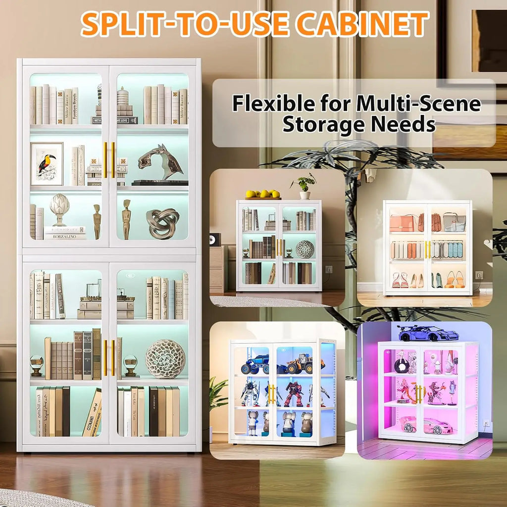 Display Cabinet with Glass Doors, 6-Tier 67" Curio Cabinet with Multi-Color LED Lights and 4 Adjustable Shelves, Glass Displa