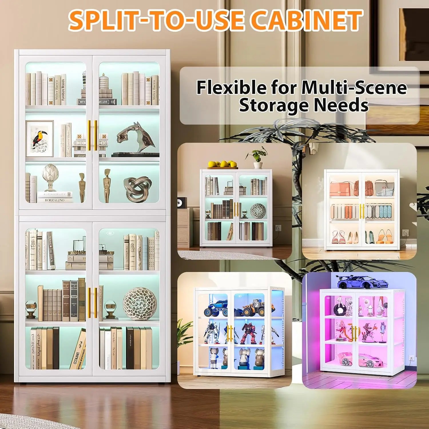 Display Cabinet with Glass Doors, 6-Tier 67" Curio Cabinet with Multi-Color LED Lights and 4 Adjustable Shelves, Glass Displa