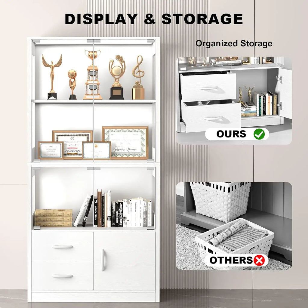 Display Cabinet with Glass Doors, 4-Tier Display Case with 3-Color Lights & Human Body Sensor, Storage Cabinets with 3 Shelve