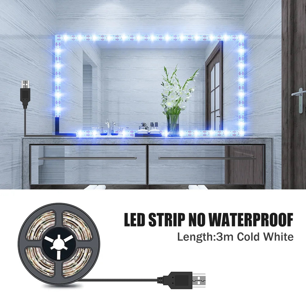 DC5V LED Makeup Mirror Light Strip USB Dressing Table Lamp LED Tape Room Decoration Bedroom Vanity Lights 0.5M 1M 2M 3M 4M 5M