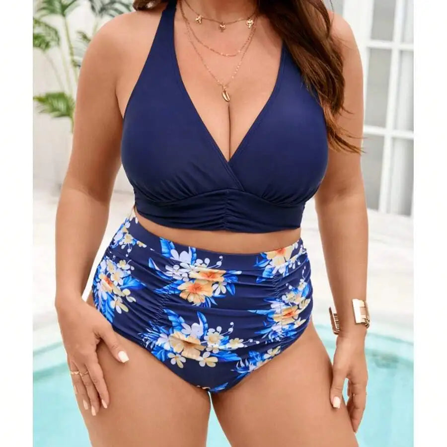 Plus Size V Neck Floral High Waisted Bikini Set Medium Stretch Fabric