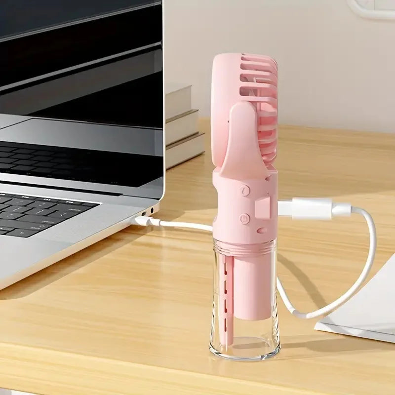 Portable hand-held spray fan with humidifier -4-speed adjustment, USB charging, suitable for desk or travel,