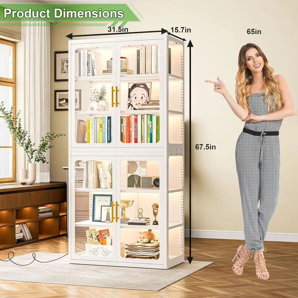 68 White Glass Display Cabinet with RGB LED Lights, 4 Adjustable Shelves for Collectibles and Storage