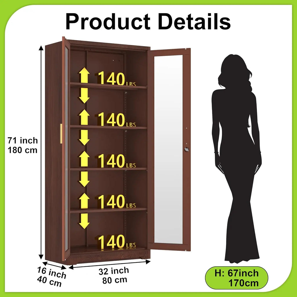 Display Cabinet with Glass Doors, Curio Cabinets with Locking Doors, Metal Storage Cabinet for Kitchen,Living Room 71” H, As