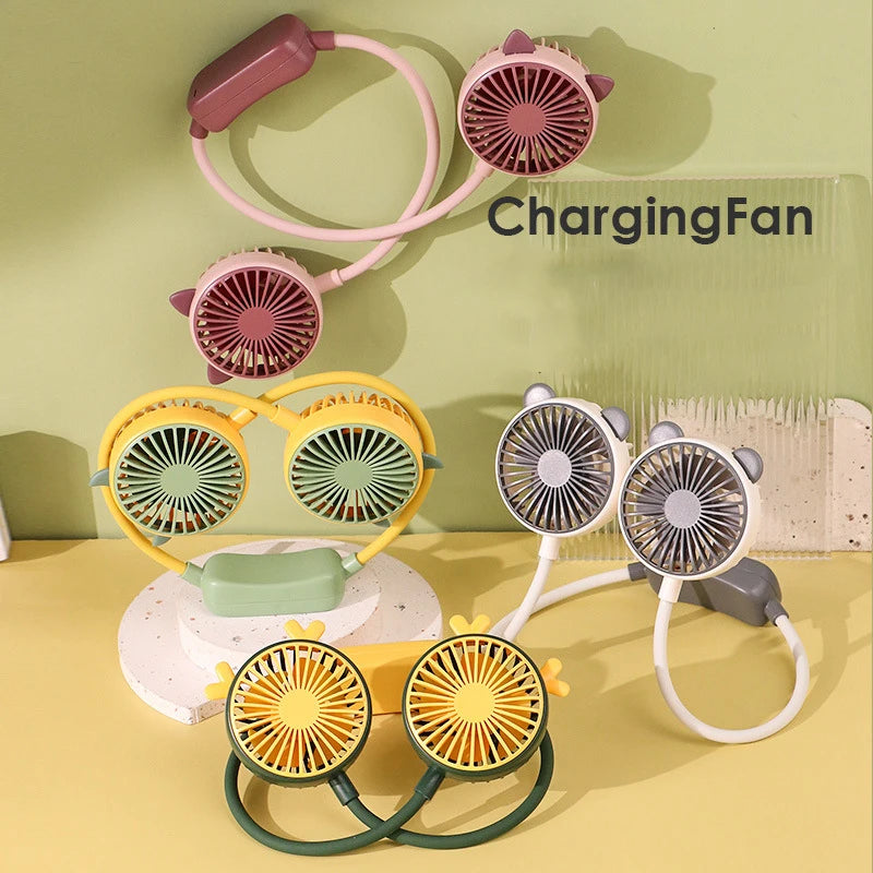 New Cartoon Cute Halter Neck Usb Charging Folding Mini Fan Outdoor Large Wind Power Electric Fan Usb Charging Accessories 2025