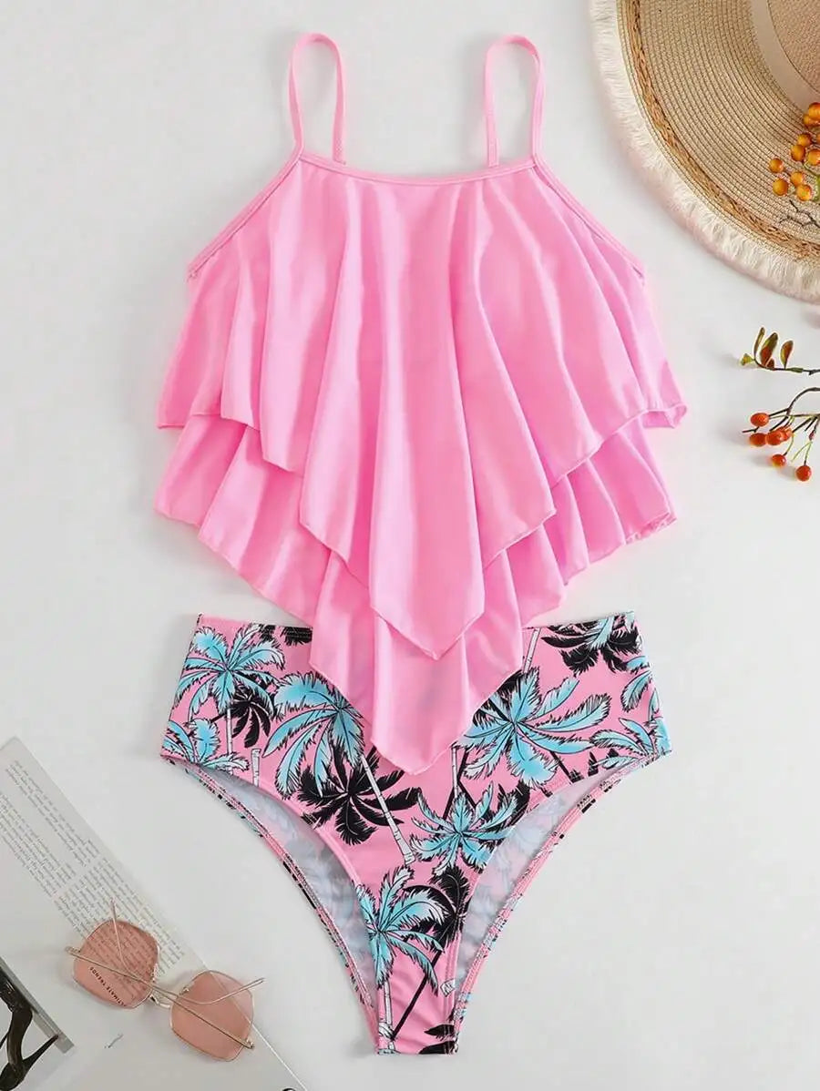 Vibrant Orange Asymmetrical Ruffled Tank Top With High-Waisted Tropical Palm Print Bikini Bottoms For Summer Beachwear