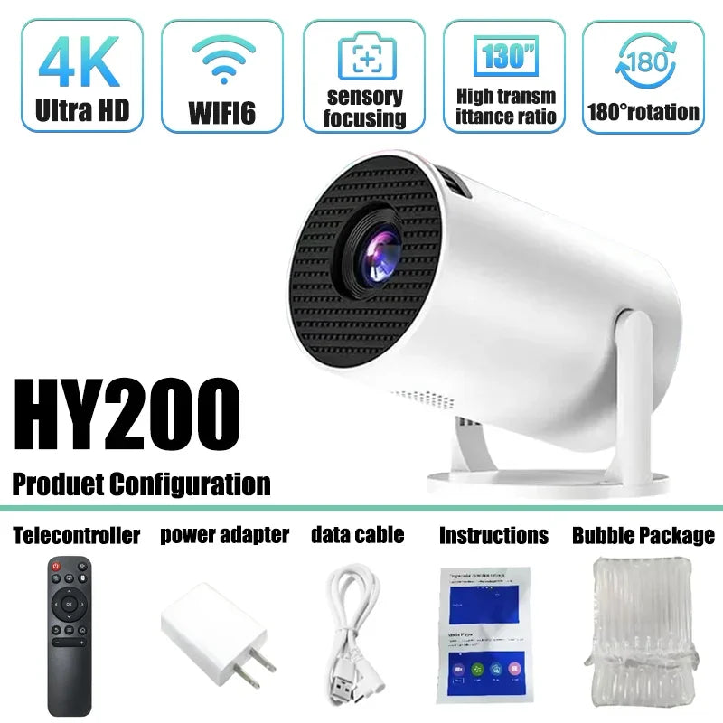 2026 New Hot Sale HY200 Portable Projector 4K Ultra HD 300ANSI Android 11 BT54 Electronic Focus Built in Speaker Home Theater