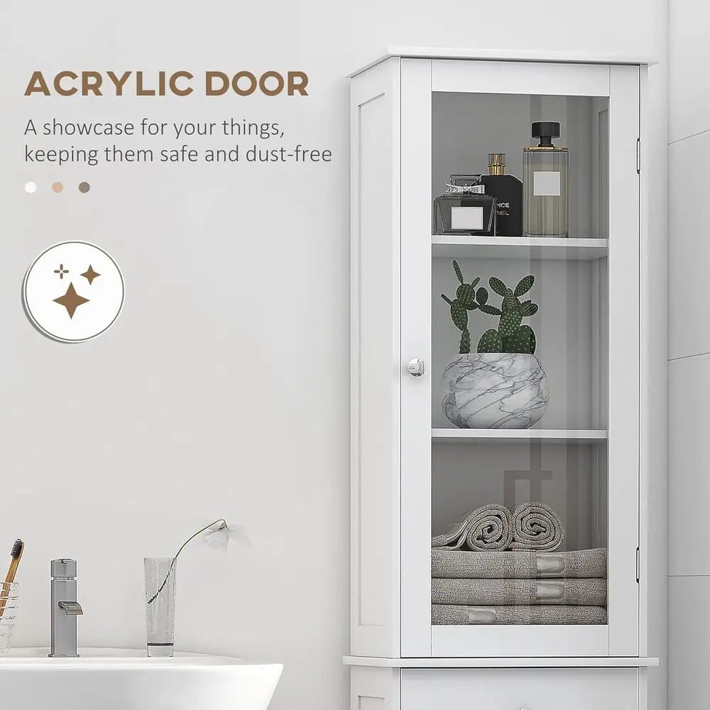 White Slim Tall Bathroom Storage Cabinet with Acrylic Door and Shelves