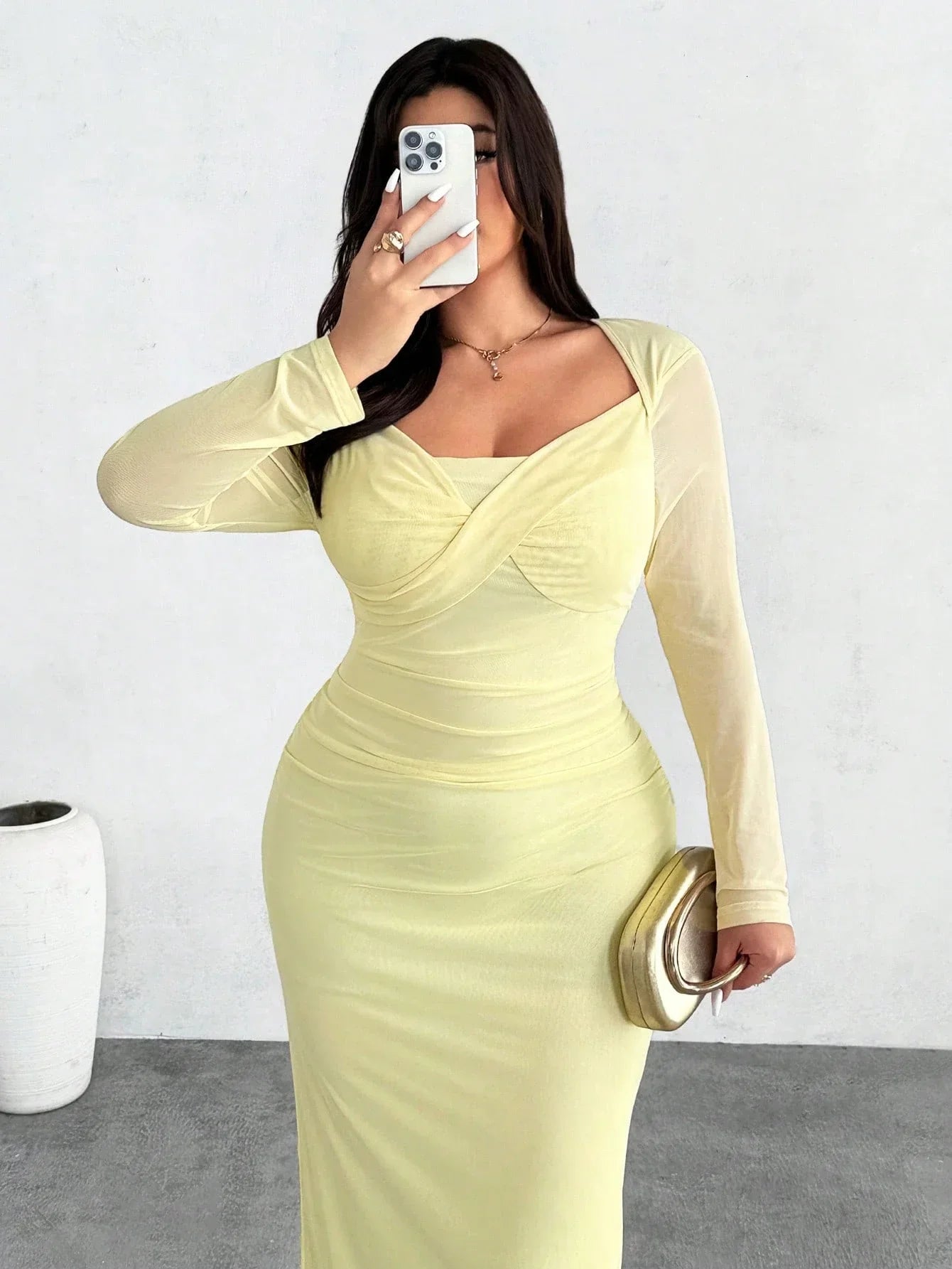 Elegant Crossover Neck Ruched Fitted Long Sleeve Mesh Dress For Women