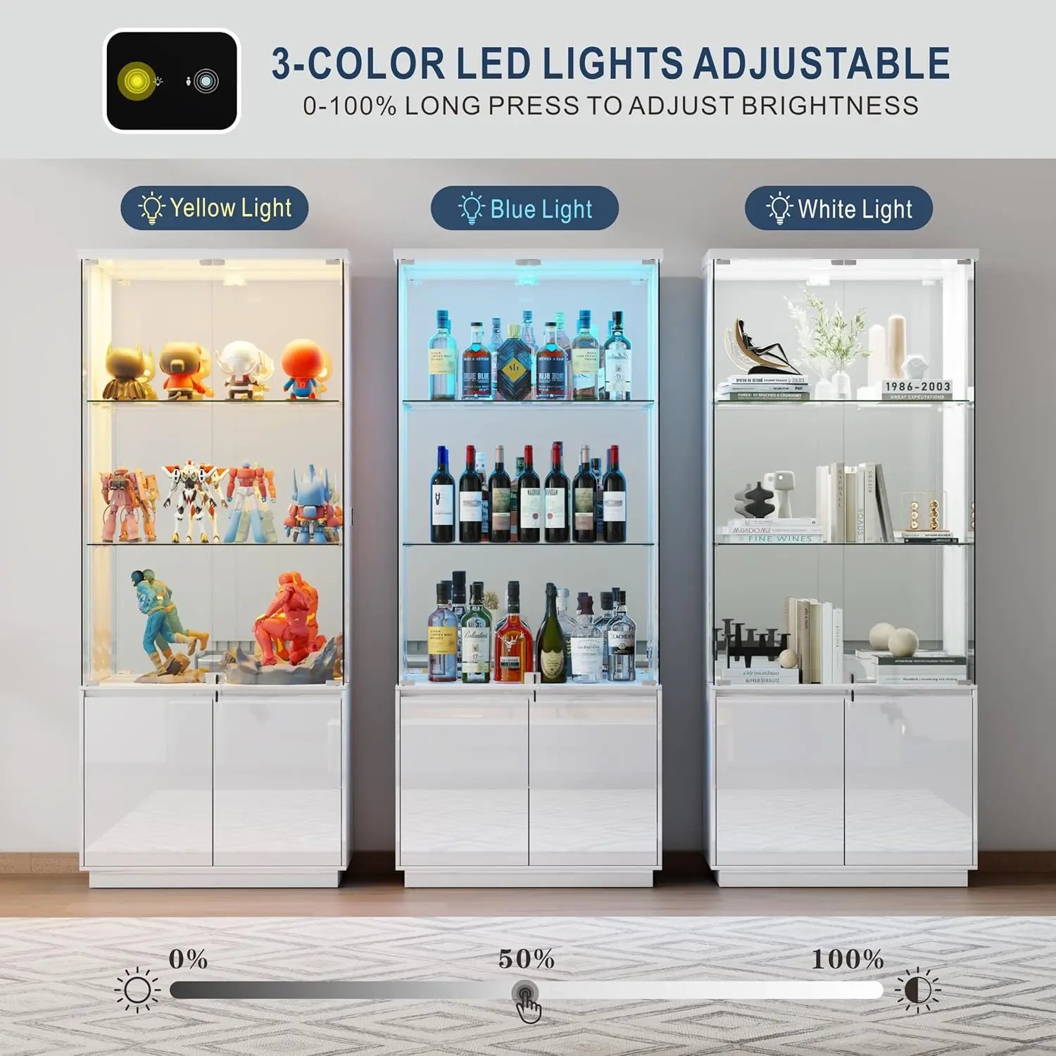 71'' Display Cabinet with Glass Doors&3 Color Lights&Lockable for Bedroom White,High Gloss Curio Cabinet with Adjustable Glas