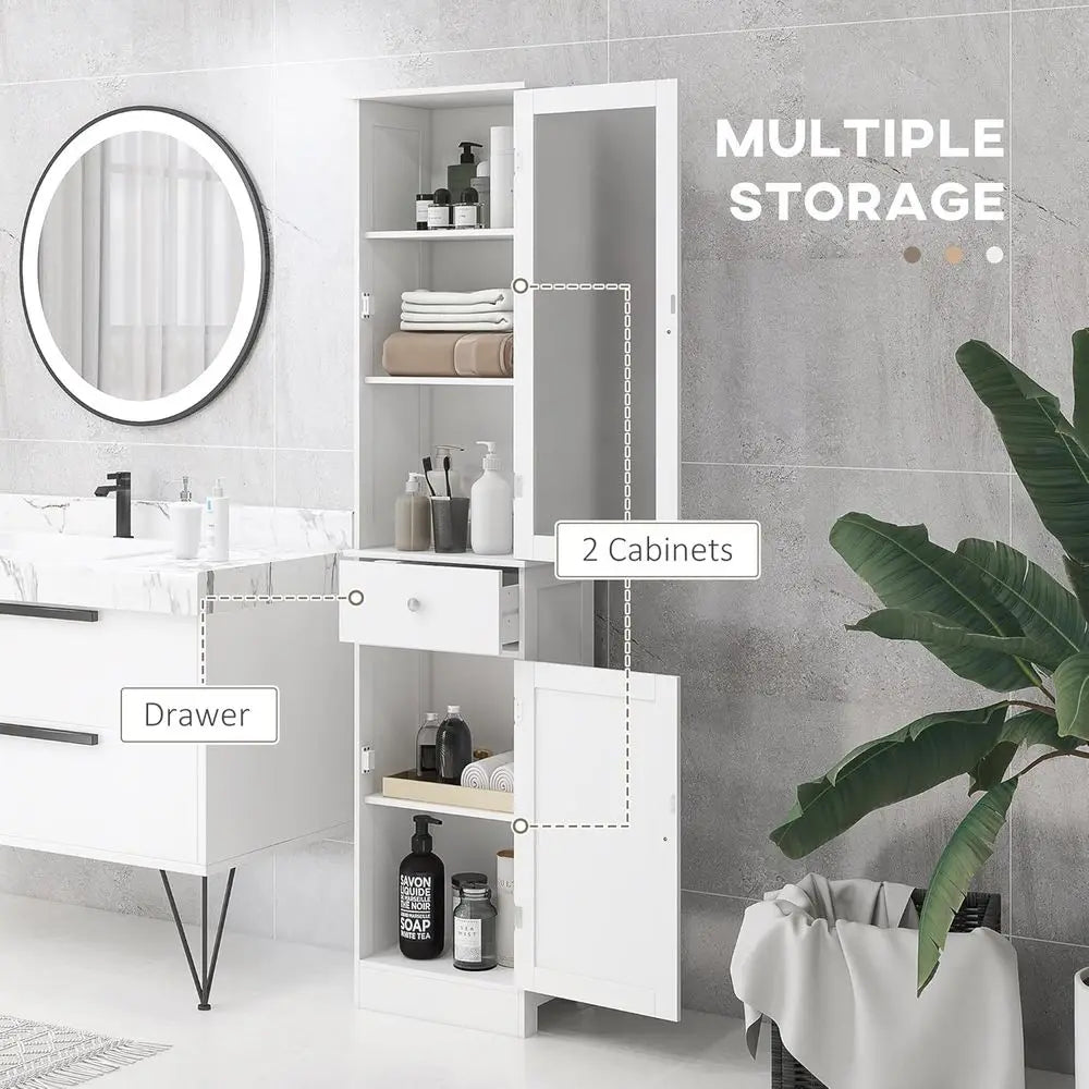 White Slim Tall Bathroom Storage Cabinet with Acrylic Door and Shelves