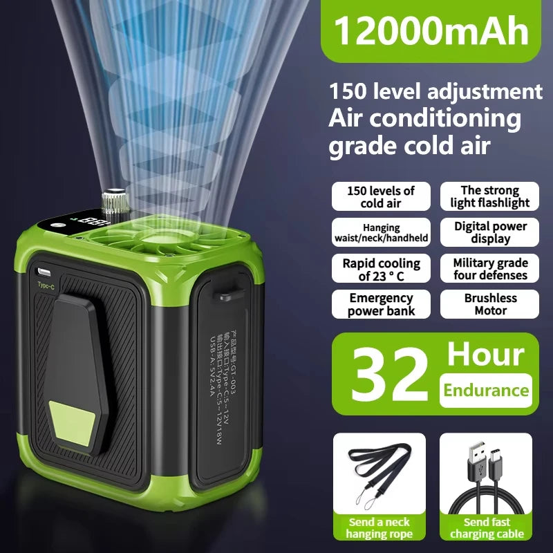 Mini high-speed waist fan, bladeless USB hanging neck fan, outdoor multifunctional mobile power lighting digital display fan