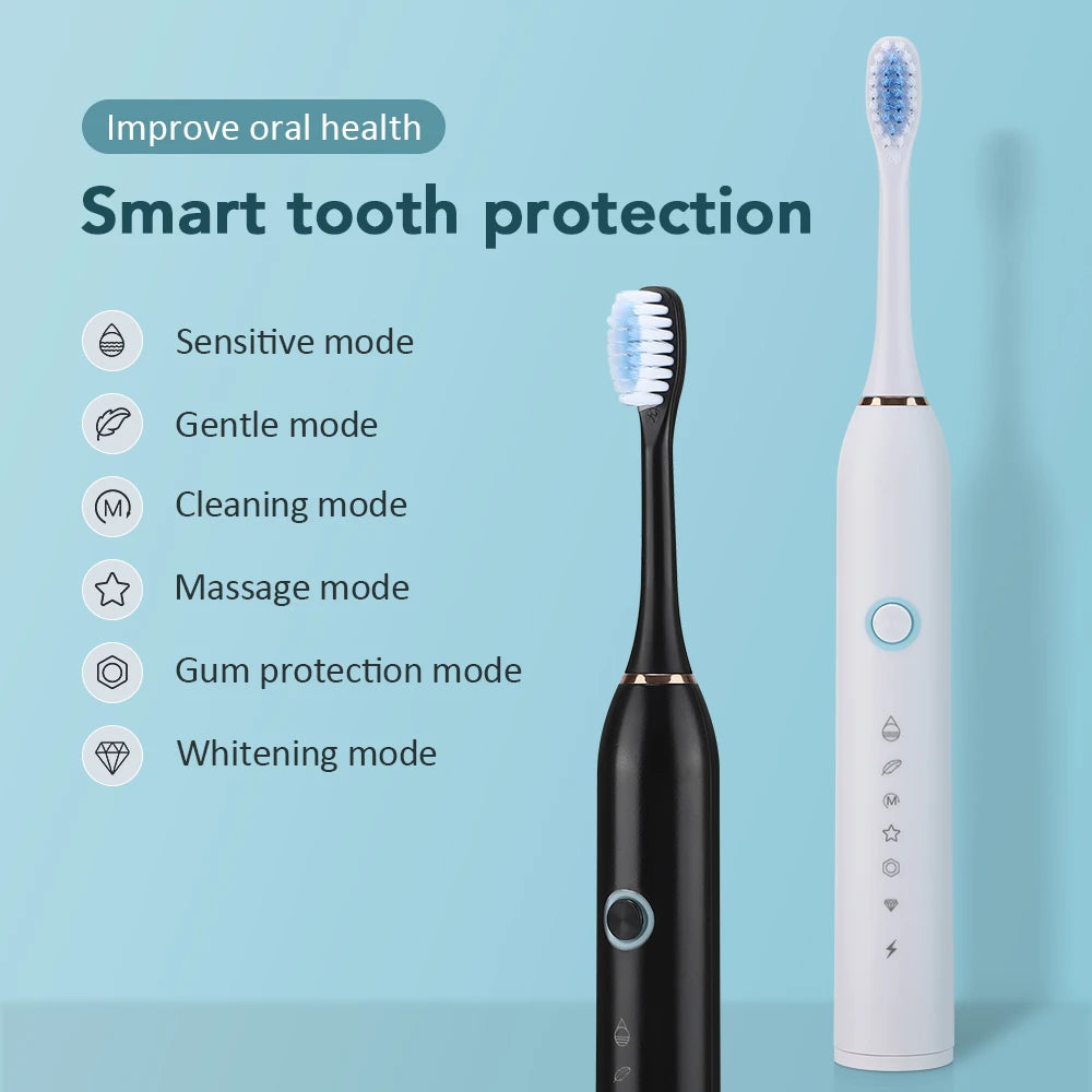 Electric Sonic Toothbrush Rechargeable 6 Mode Electronic Tooth Brushes with Replacement Heads Waterproof Tooth Cleaner for Adult