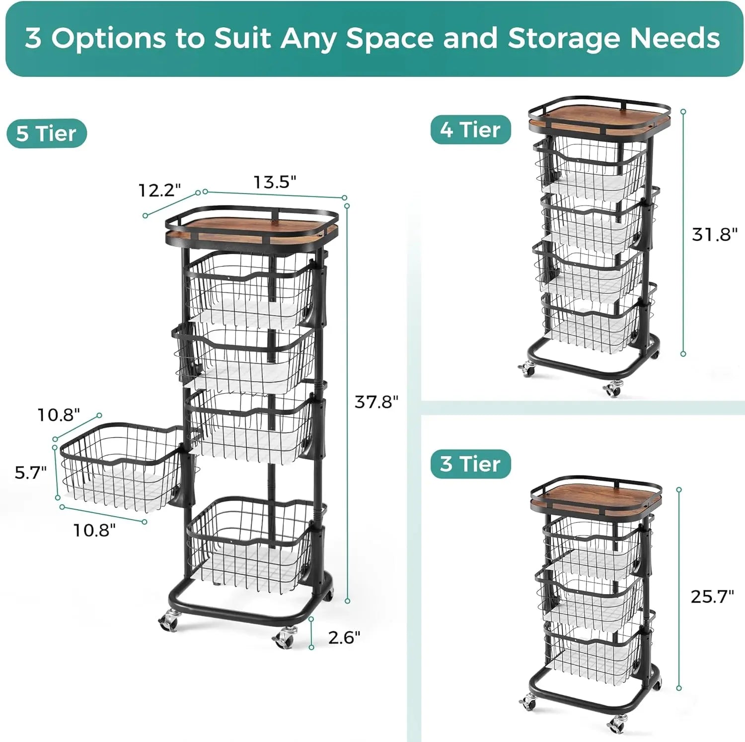 5 Tier Rotating Vegetable Storage Cart with Wheels, Black Kitchen Pantry Organizer