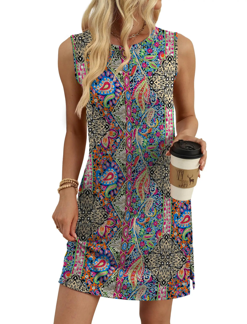 Casual Sleeveless Crewneck Dress Women Boho Summer Vacation Floral Paisley Print Mini Dress