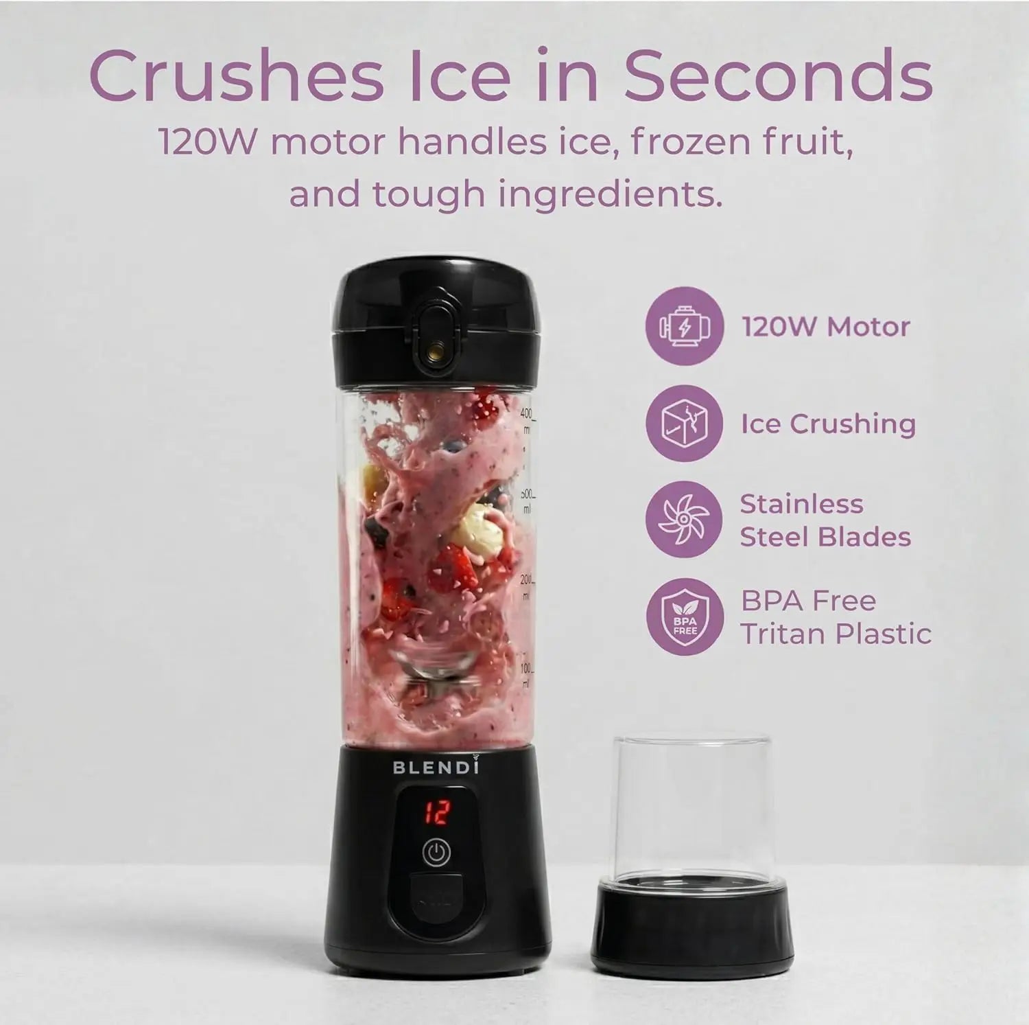Portable Blender 17.5oz, Black – 120W Motor, USB-C Rechargeable, Cordless for Smoothies & Shakes, BPA-Free