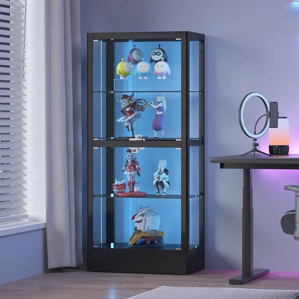 4-Sided Lockable Glass Display Cabinet with 13 Color Lights, Adjustable Shelves for Collectibles, Wine, China, 28 W, Black