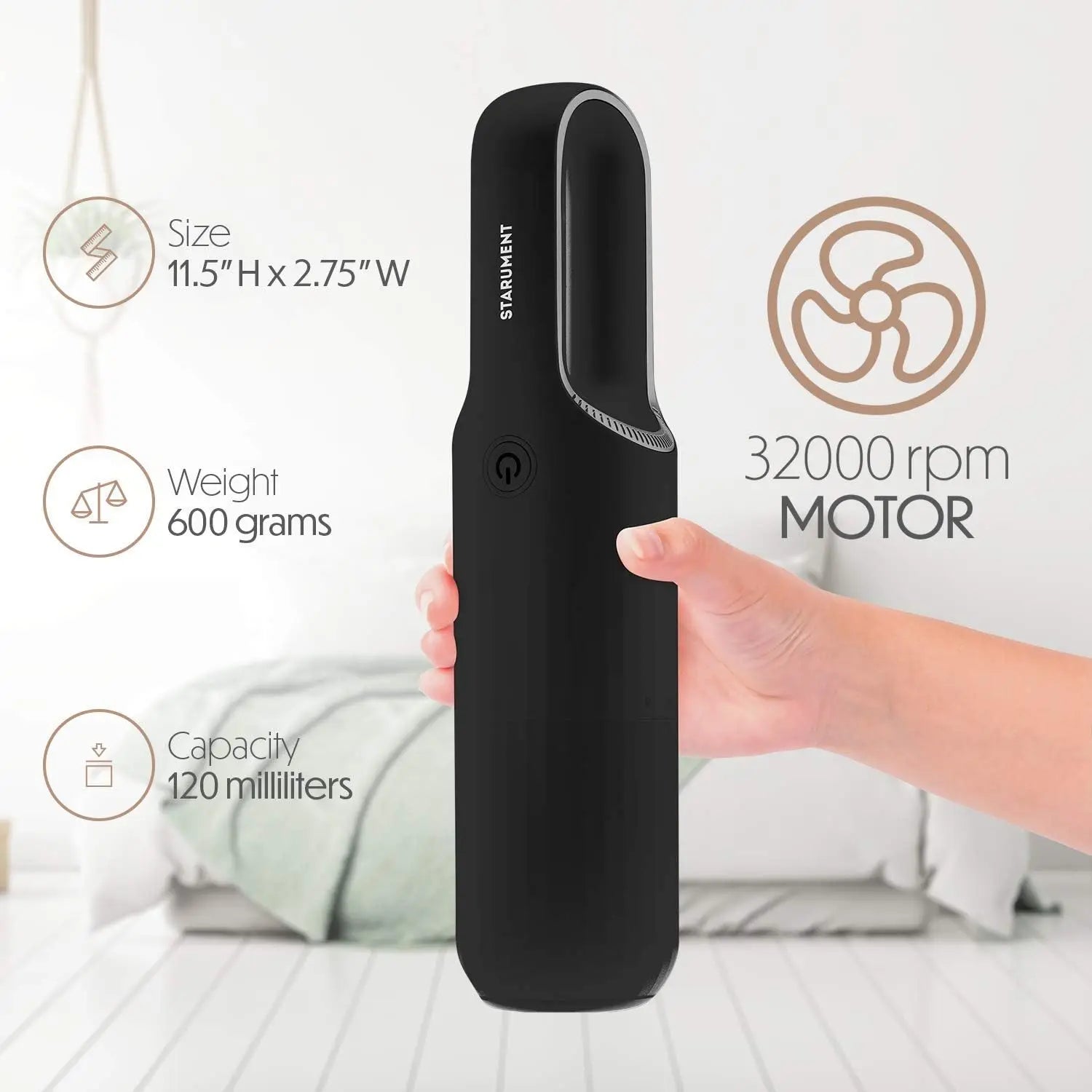 Portable Hand Vacuum Cleaner Cordless Rechargeable with USB-C, Lightweight for Home Car Pet Hair, Compact Design - Black