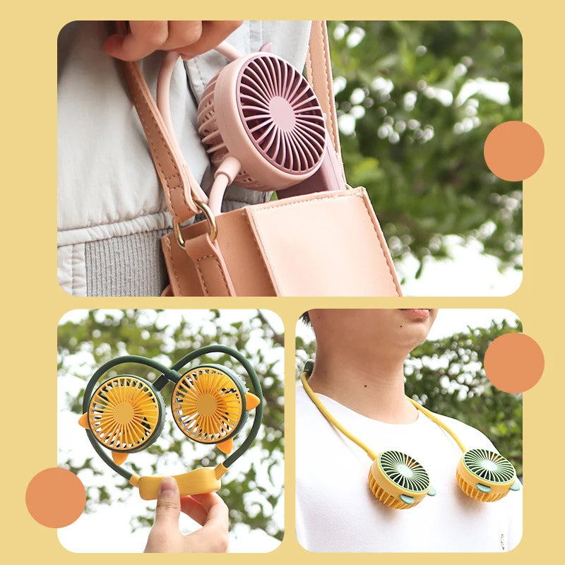 New Cartoon Cute Halter Neck Usb Charging Folding Mini Fan Outdoor Large Wind Power Electric Fan Usb Charging Accessories 2025