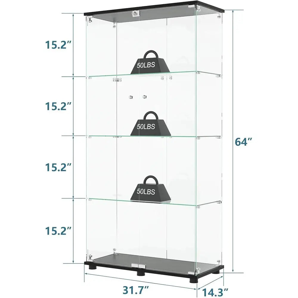 4-Shelf Double Door Lockable Glass Display Cabinet, 5mm Tempered Glass Floor Standing, Suitable for Living Room, Bedroom, Office