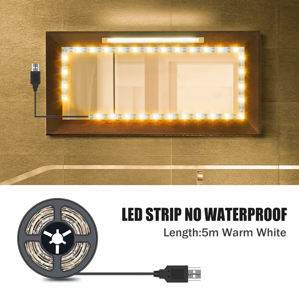 DC5V LED Makeup Mirror Light Strip USB Dressing Table Lamp LED Tape Room Decoration Bedroom Vanity Lights 0.5M 1M 2M 3M 4M 5M