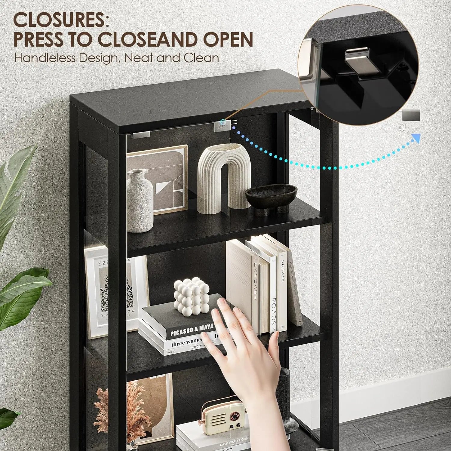 4-Tier Glass Door Display Cabinet with HD Glass, Human Sensor & 3 Lighting Modes for Curio Trophy, Custom