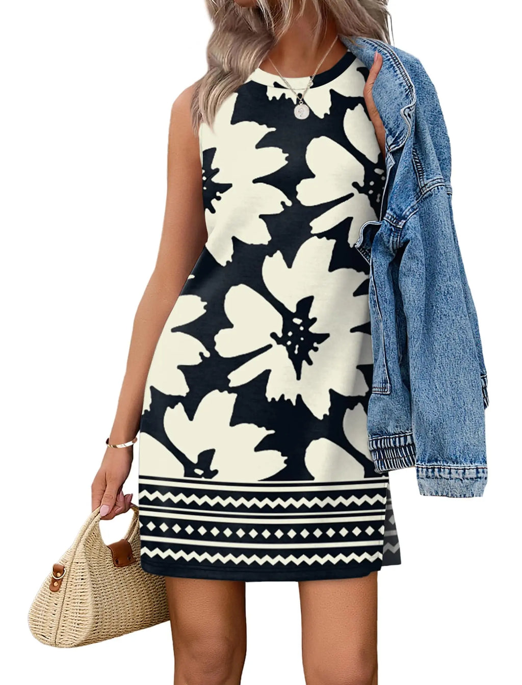 Casual Sleeveless Crewneck Dress Women Boho Summer Vacation Floral Paisley Print Mini Dress