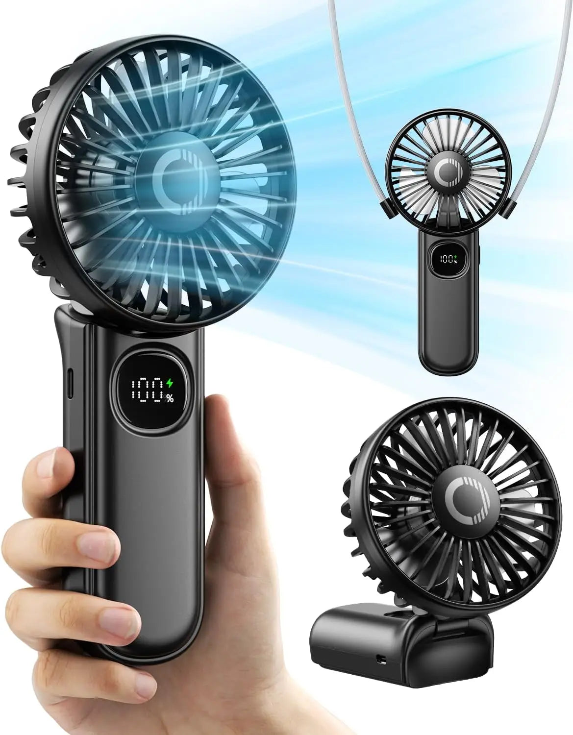 3-in-1 Foldable Fan with LED Display, 3000mAh, Handheld/Neck/Desk, Personal Mini Fan for Travel Beach Outdoor