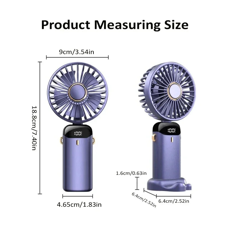 2026 New Mini Folding Portable Neck Hanging Fan with 5-speed USB Charging Fan with Phone Stand and Display 1800mAh