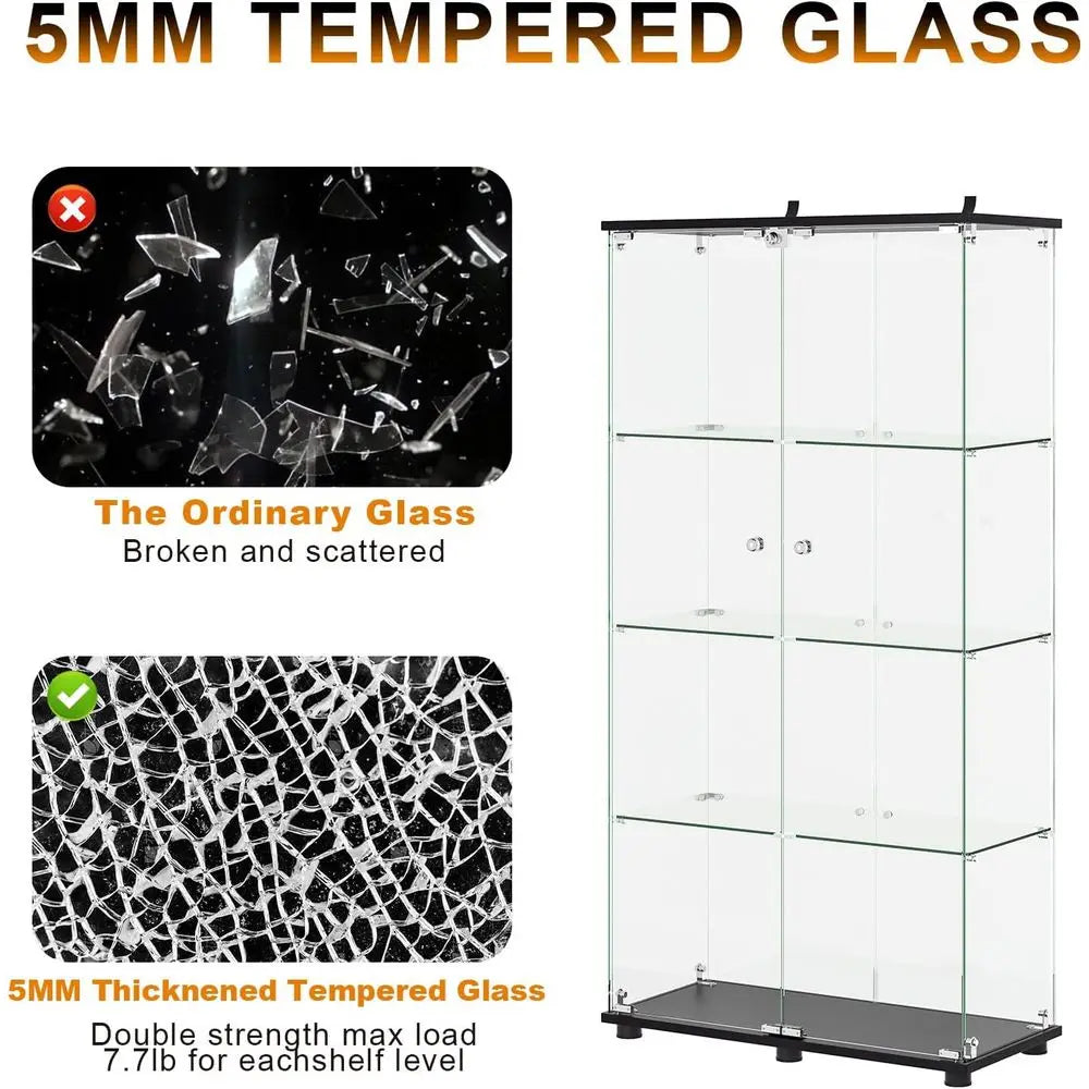 Double Door Glass Display Cabinet with Lock, 4-Shelf Curio for Collectibles, 31.7 W x 14.3 D x 64 H