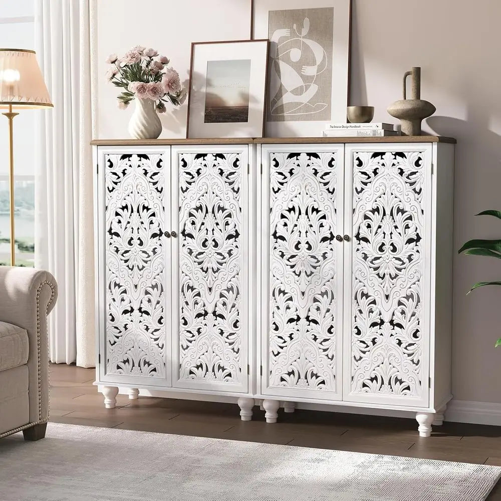 47 High Distressed White Wood Accent Cabinet with 3-Tier Shelves, Boho Style Sideboard for Small Spaces and Living Rooms
