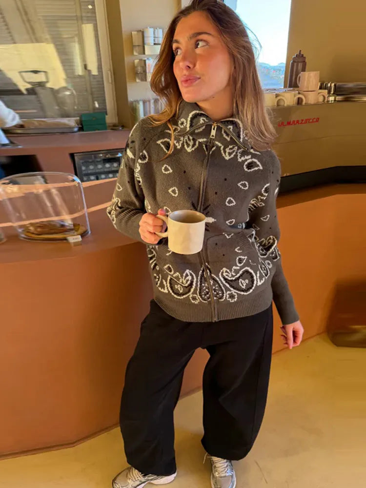 Casual Jacquard Cardigan for Women Loose Stand Collar Zipper Pockets All-match Female Sweater 2026 Spring Thick Warm Knitwear