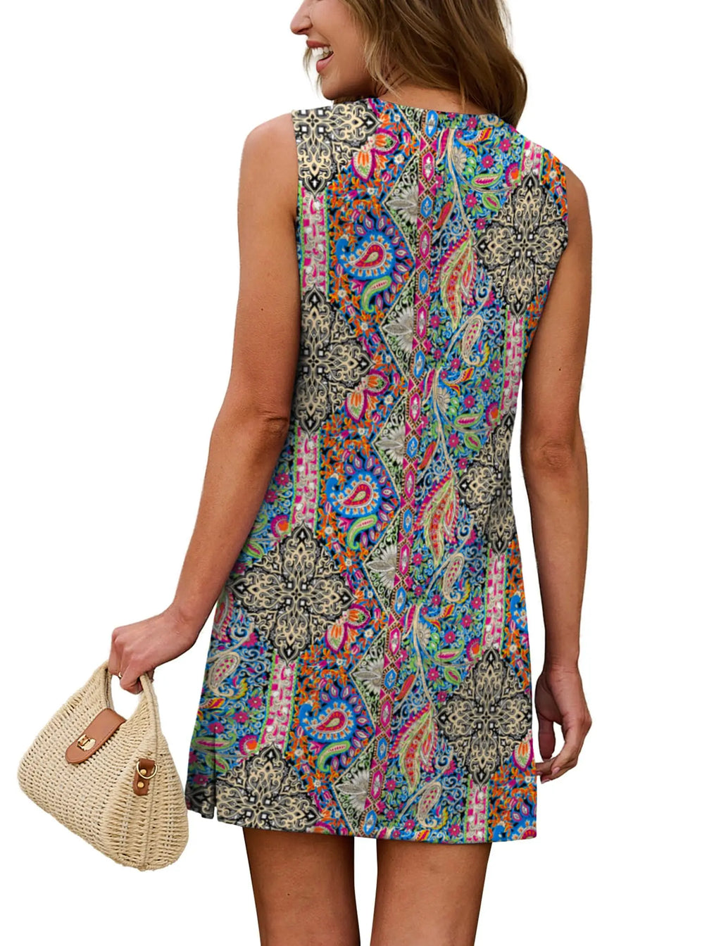 Casual Sleeveless Crewneck Dress Women Boho Summer Vacation Floral Paisley Print Mini Dress
