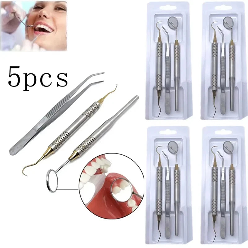 5pcs Dental Double Ended Mouth Mirror Probe Tweezers Tool Dentist Teeth Whitening Cleaning Kit