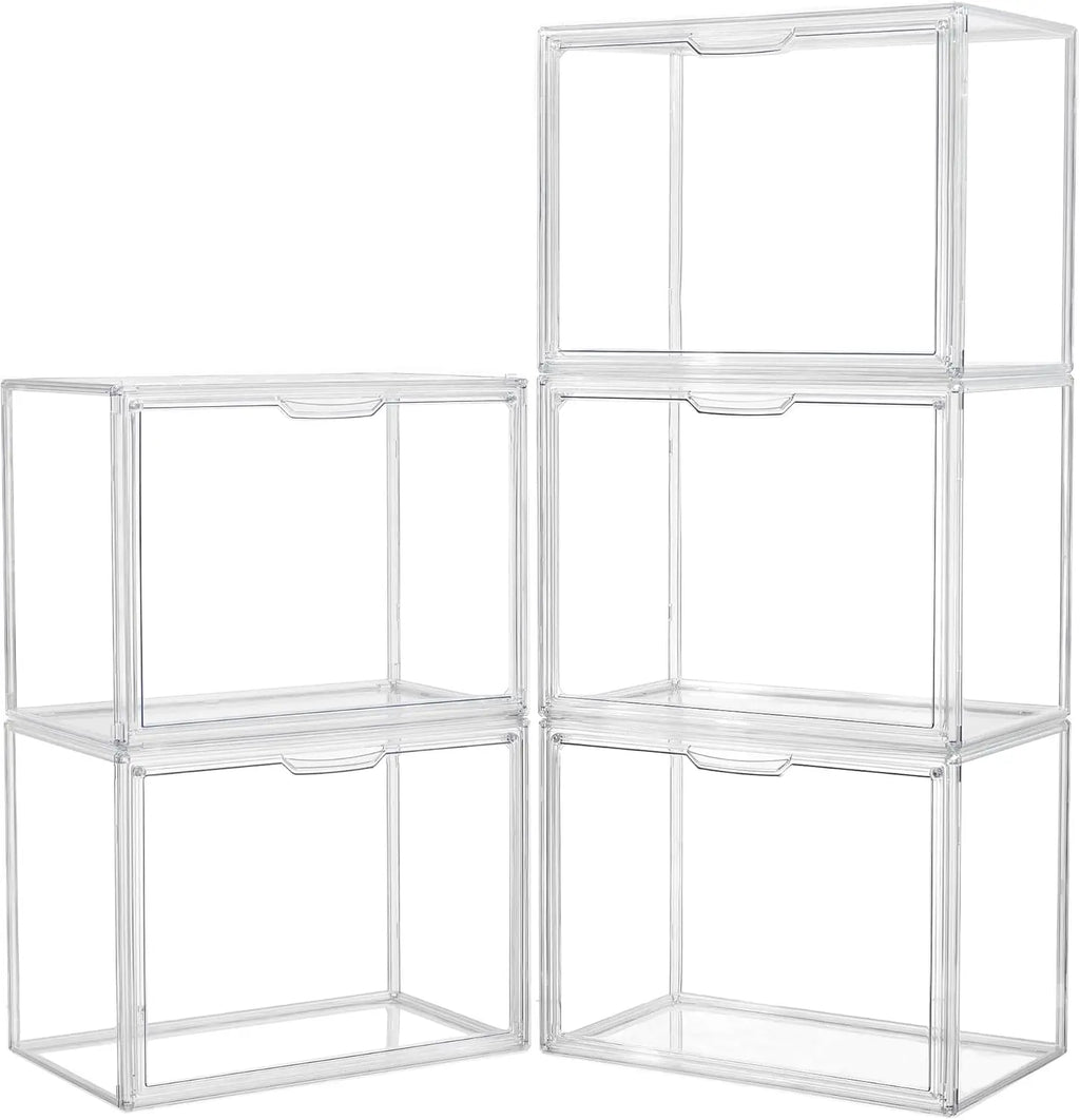 Clear Stackable Acrylic Display Case with Magnetic Lid for Collectibles and Cosmetics Storage (5 Pack, X-Large)