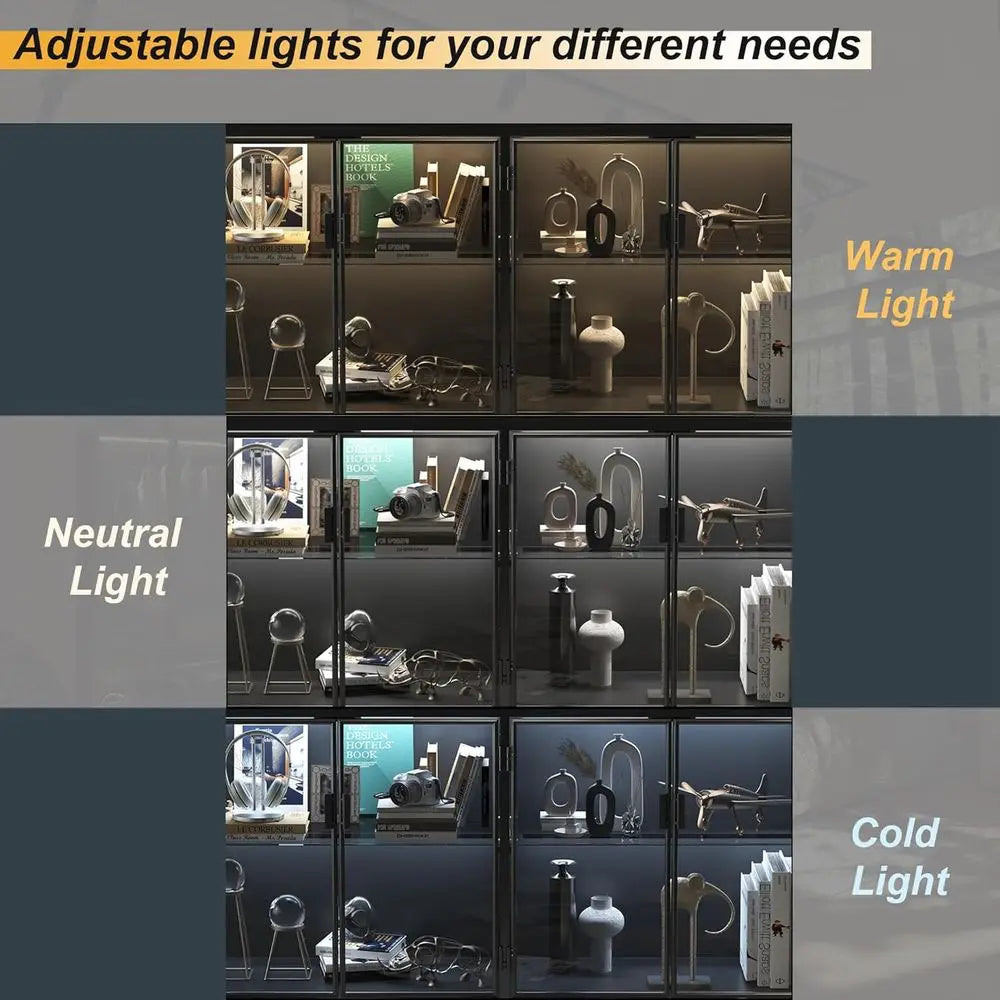 3-Color LED Illuminated Glass Shelf Storage Cabinet with 4 Compartments and Metal Legs for Living & Dining Rooms