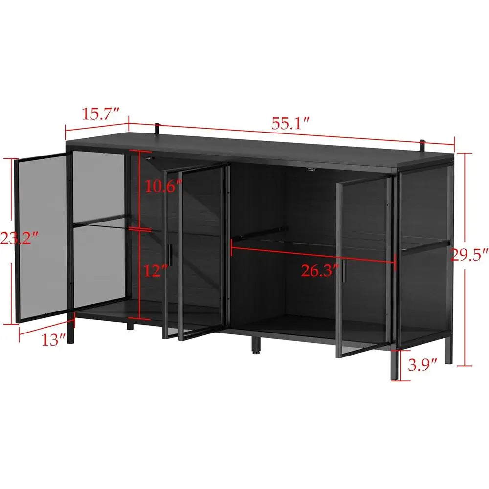 3-Color LED Illuminated Glass Shelf Storage Cabinet with 4 Compartments and Metal Legs for Living & Dining Rooms