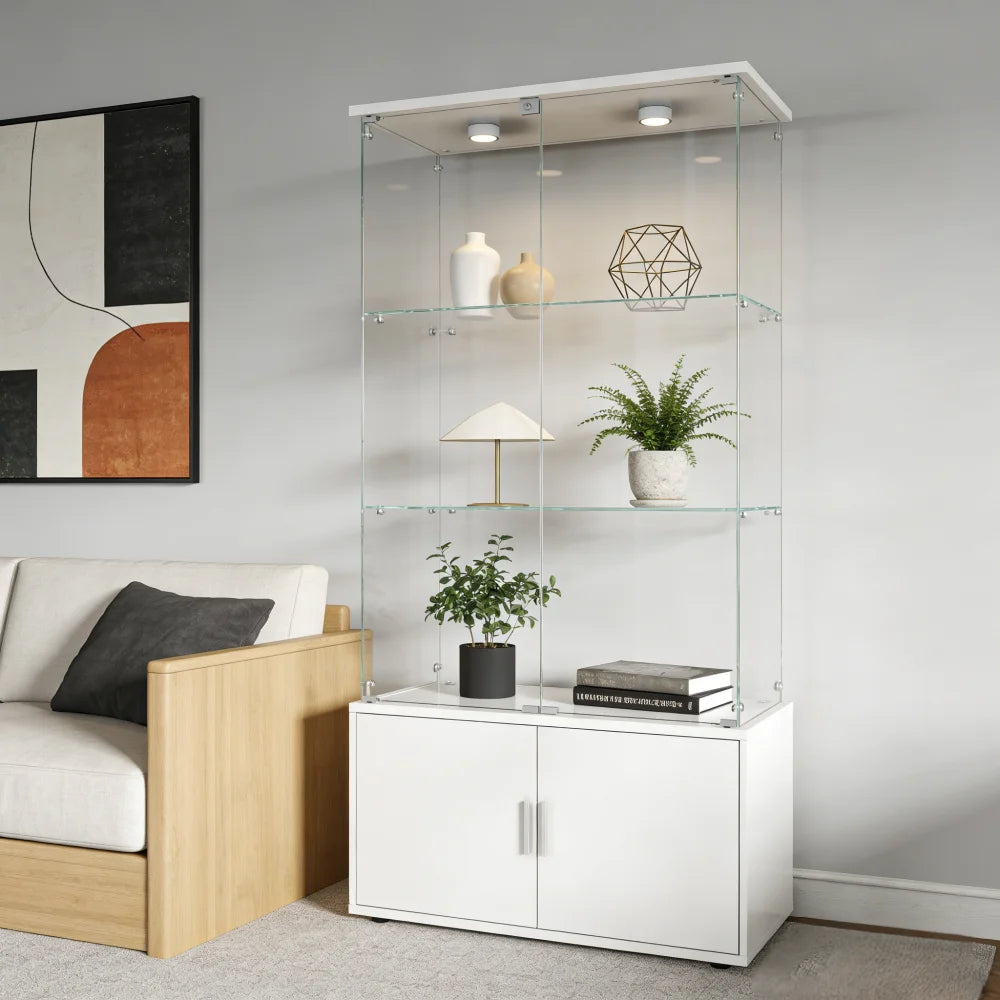 Double-door 4-layer Cabinet: Storage/Display/Wine/File, Remote PAIPAI Lights, Adjustable Feet, Living Room White