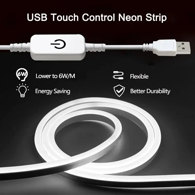 5V USB Touch Sensor LED Neon Strip Light Dimmable Flexible Silicone Tape Light Home Decor for Kitchen Living Room Bedroom Closet