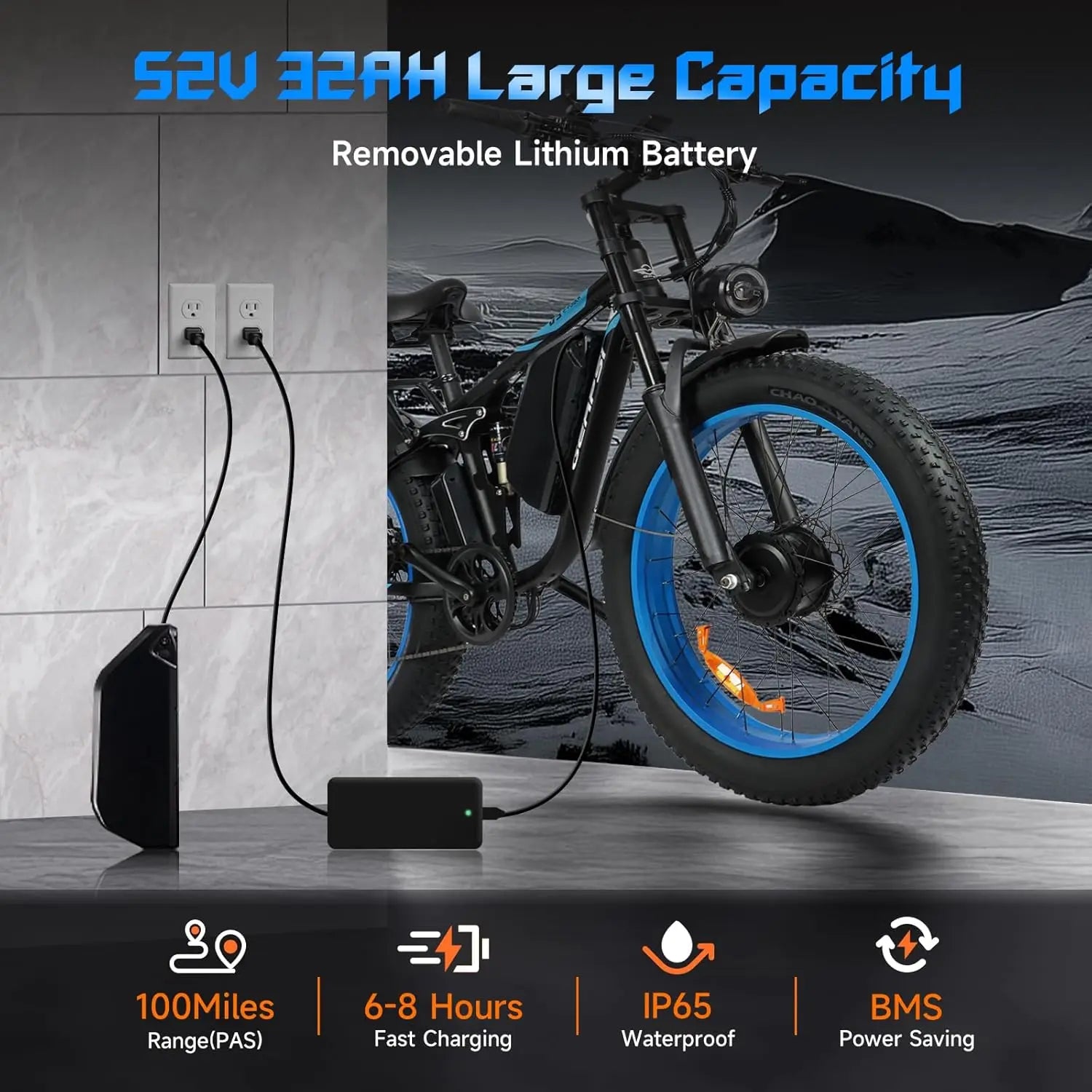 BAOLUJIE Electric Bike, 5000W Peak Dual Motor, 38 Mph Max Speed, Color LCD Display,Electric Bike 52V 32AH Removable Battery